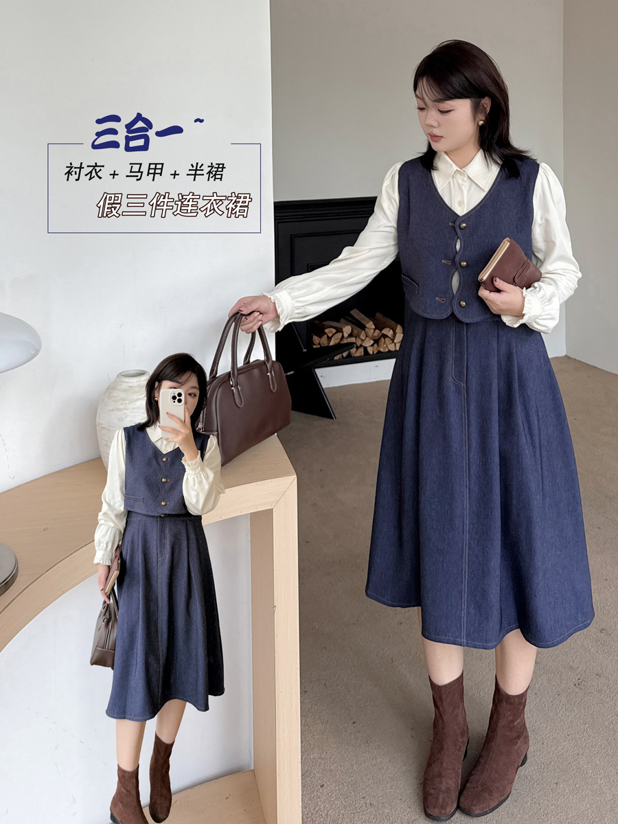 YH-3152大码女装假三件连衣裙法式学院派马甲衬衣微胖大码连衣裙