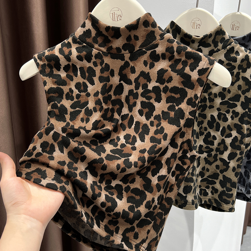 咖色半高领豹纹无袖背心上衣女秋冬季爆款洋气内搭叠穿针织打底衫