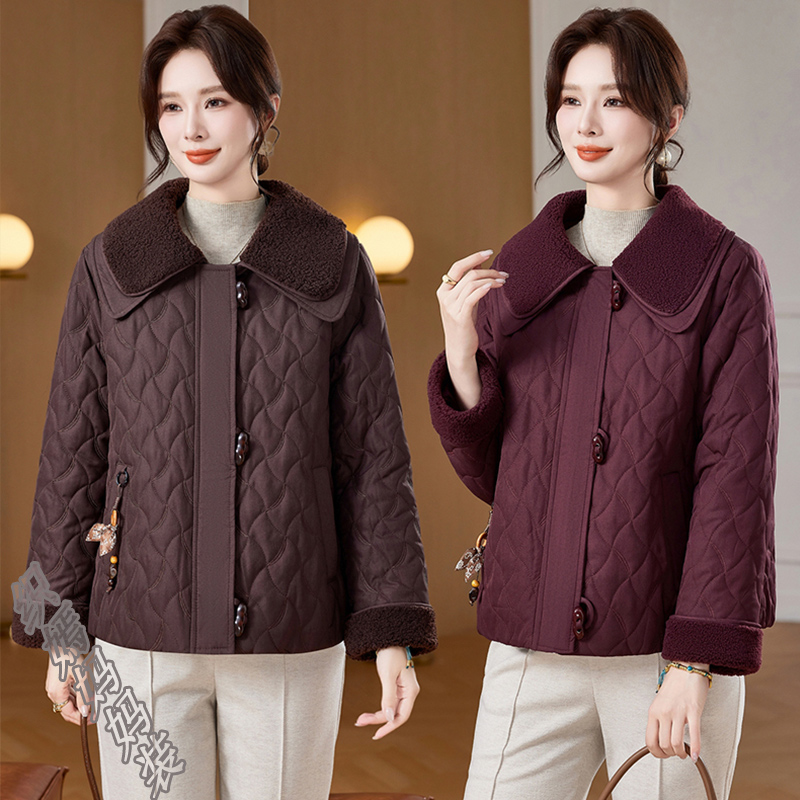 妈妈秋冬装时尚翻领加棉外套2025新款中老年女装气质保暖减龄棉衣