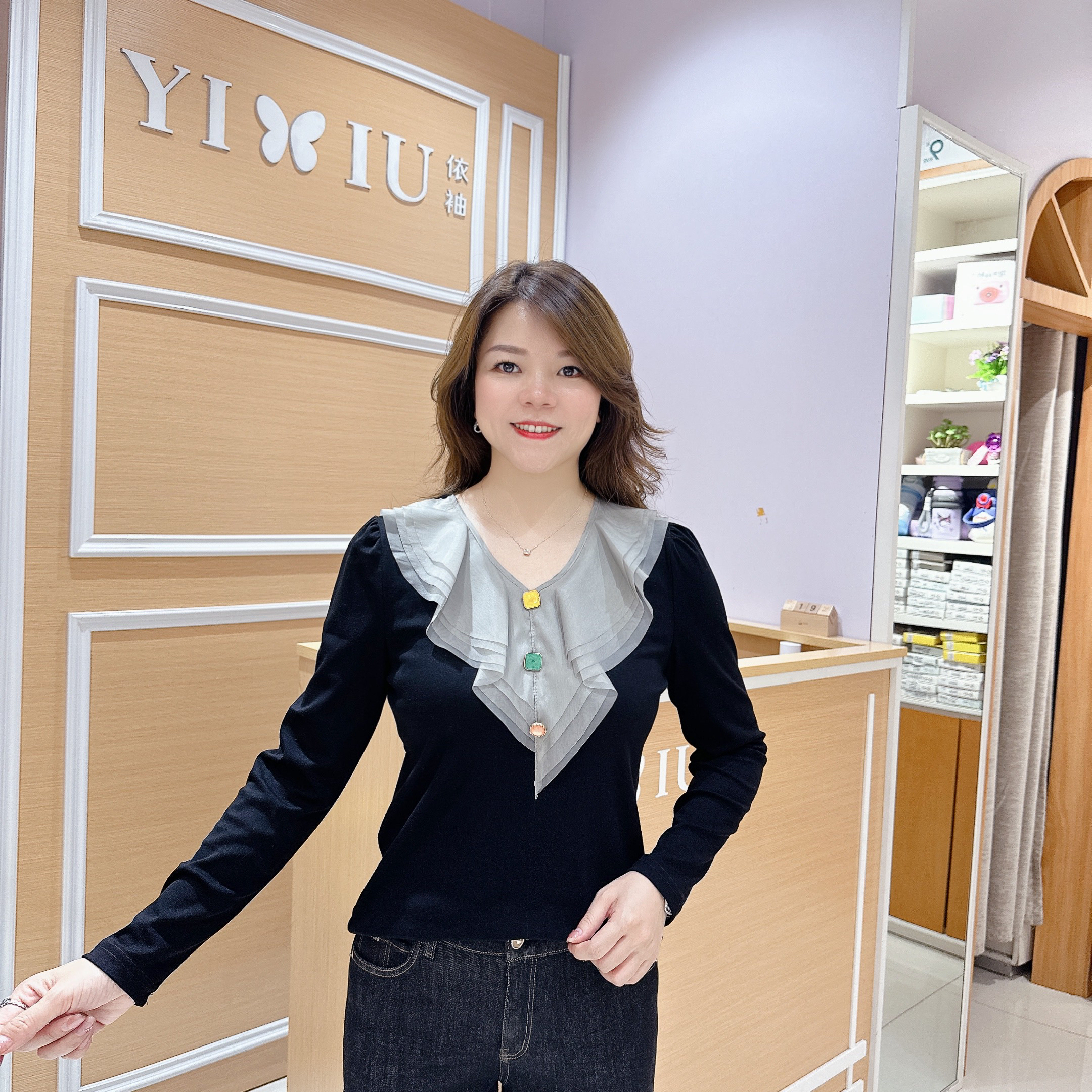 淑女气质百搭上衣 5-69005/68966秋季长袖洋气V领/长58厘米