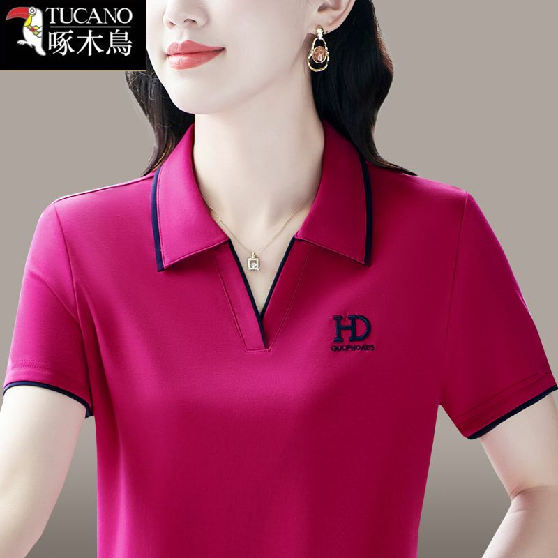 啄木鸟夏季翻领宽松短袖T恤女2025年新款韩版运动显瘦大码上衣ins