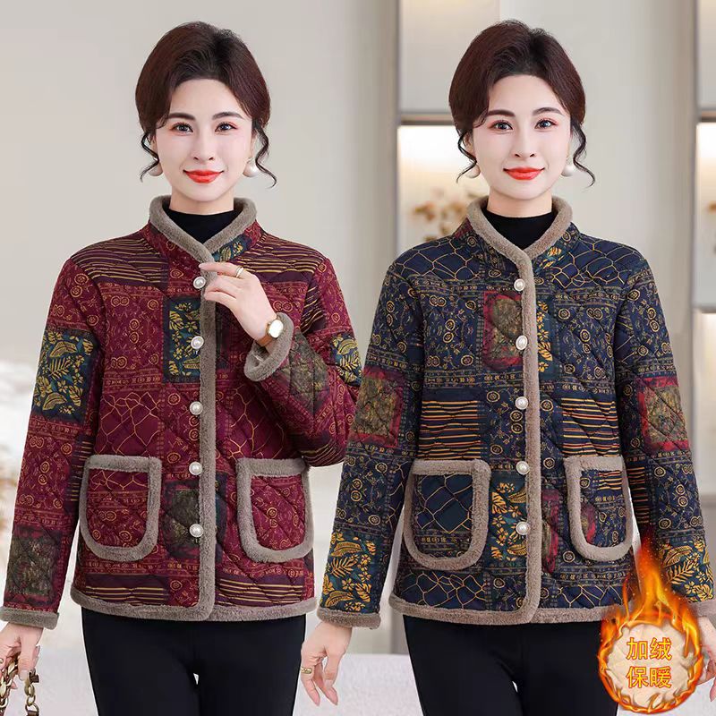 229#冬季加绒保暖洋气印花立领毛毛棉衣（XL~5XL 90~160斤）