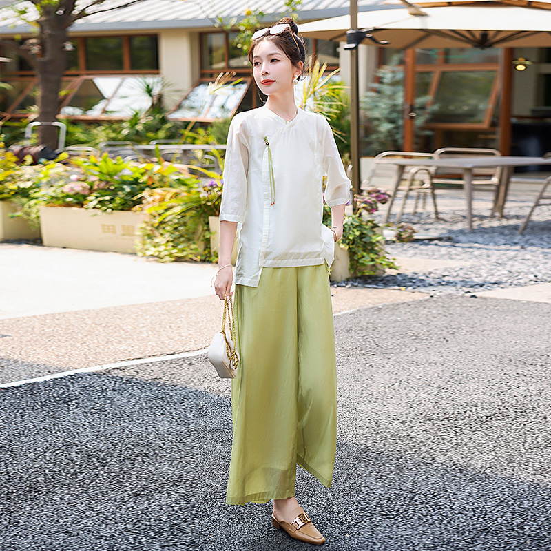 风禅意天丝女2025夏季新款风盘扣白色小衫阔腿裤