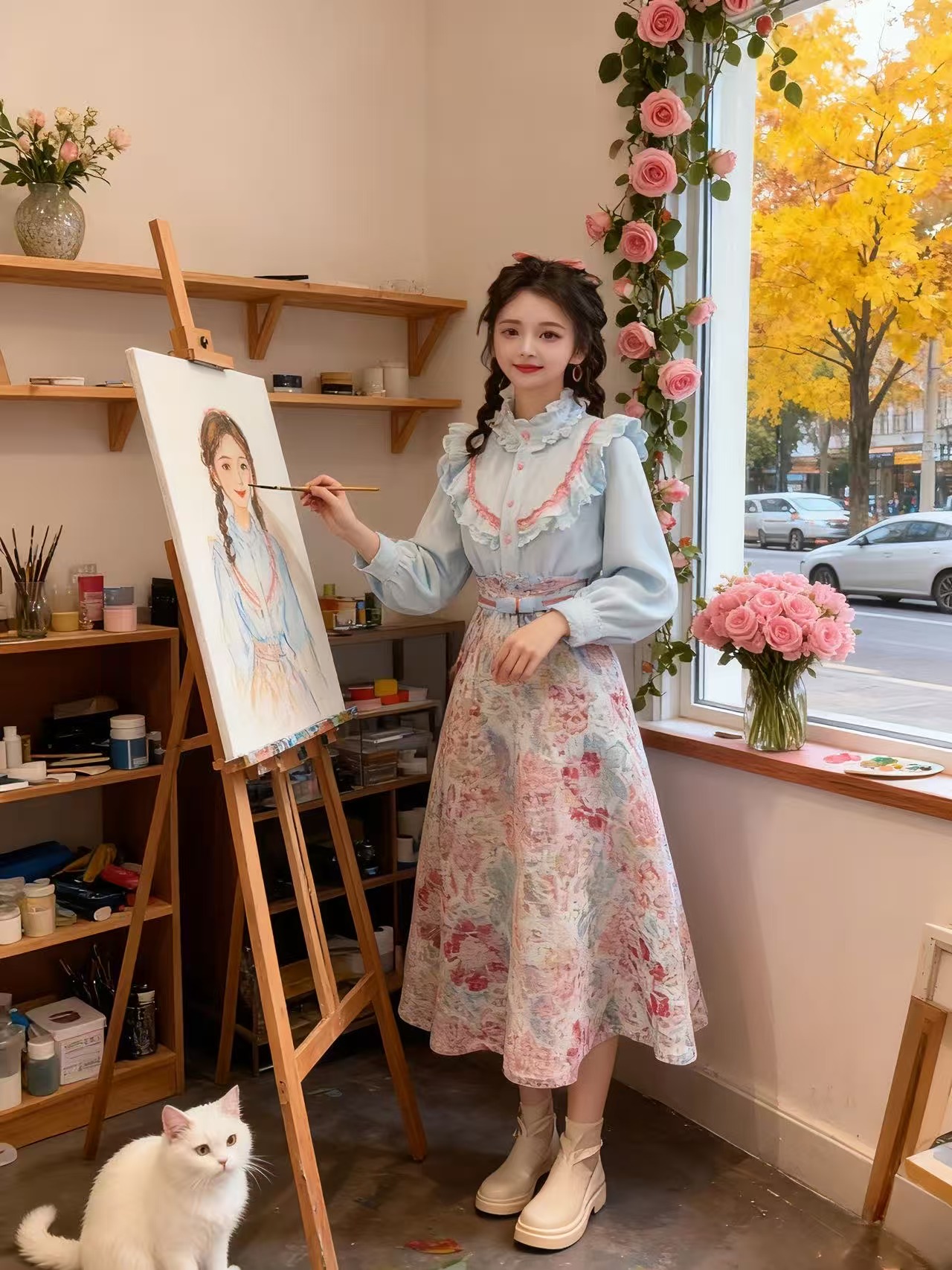 【运补6】】677#秋冬新款温柔气质加厚蓝色衬衫女高腰半身裙两件套