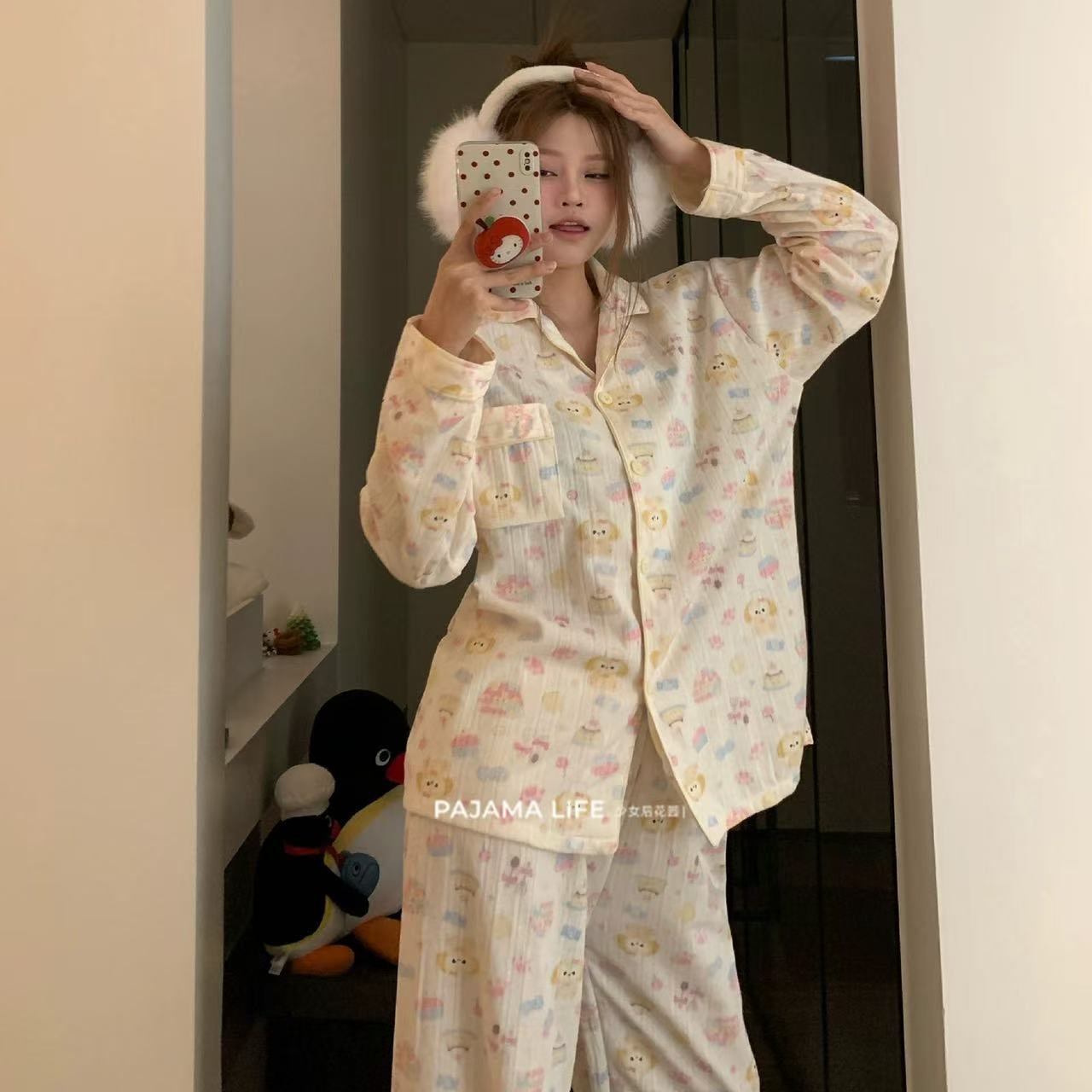 可爱厨师饼饼睡衣女春秋季针织棉提花纯棉长裤卡通甜美家居服套装