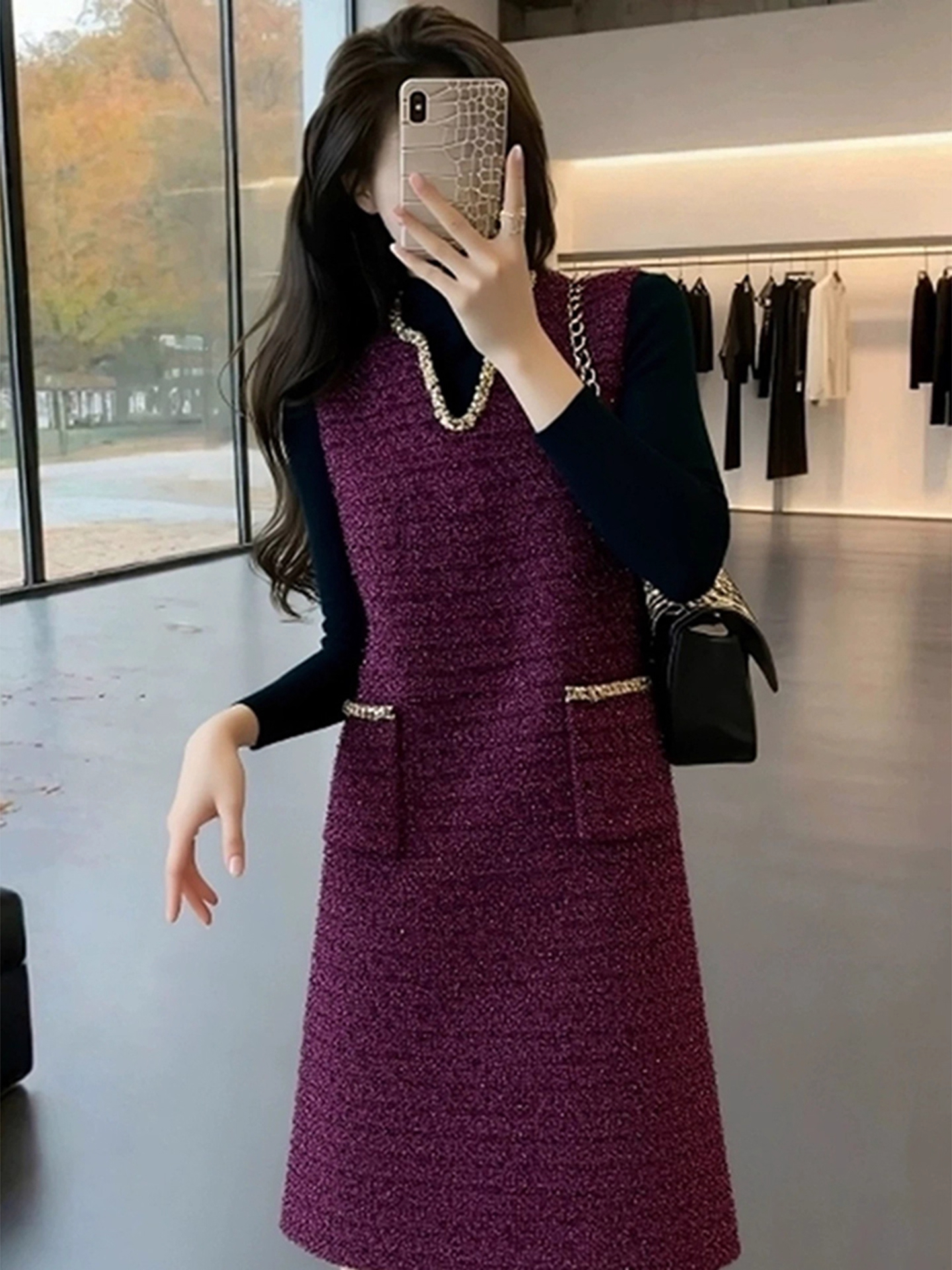 法式轻奢高级感紫色小香风背心裙秋冬轻熟风重工精致时髦洋气裙子