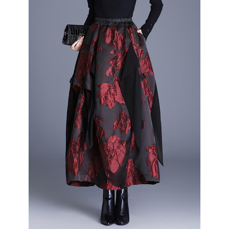 国风浮雕提花半身裙女2025秋冬季新款时尚不规则中长款拼纱花苞裙