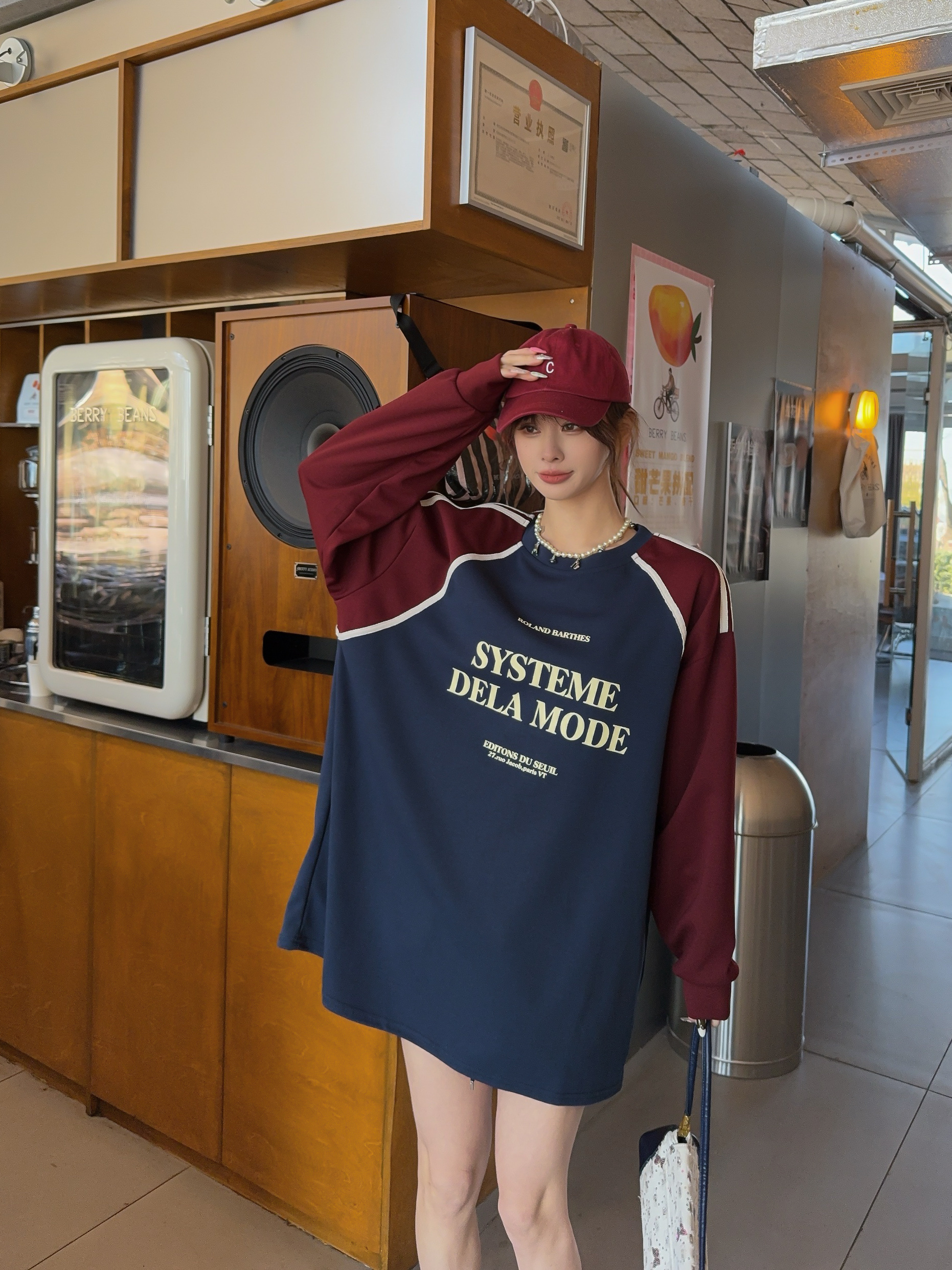 【气质饭儿专属】新款撞色拼接印花慵懒大版遮屁股百搭长袖1090