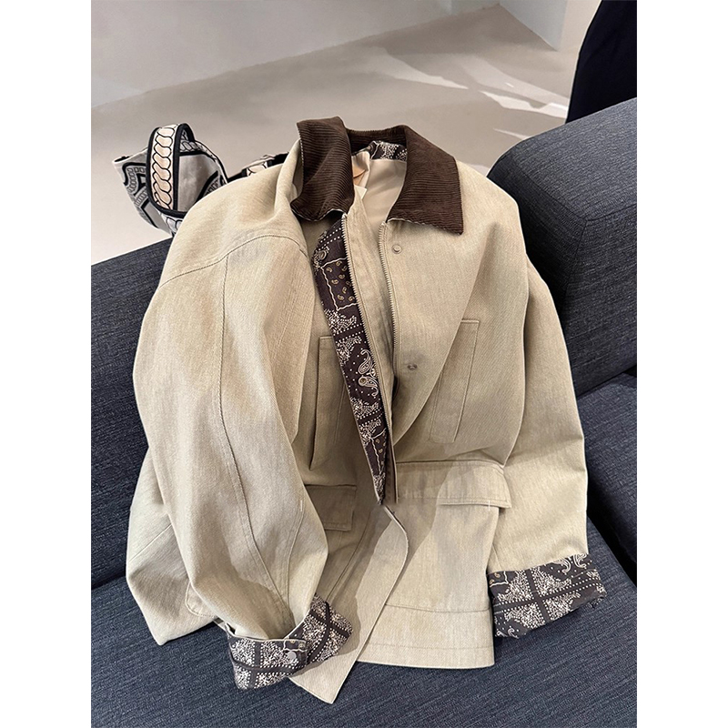 韩系复古撞色拼接翻领风衣外套女秋季新款气质百搭中长款夹克上衣