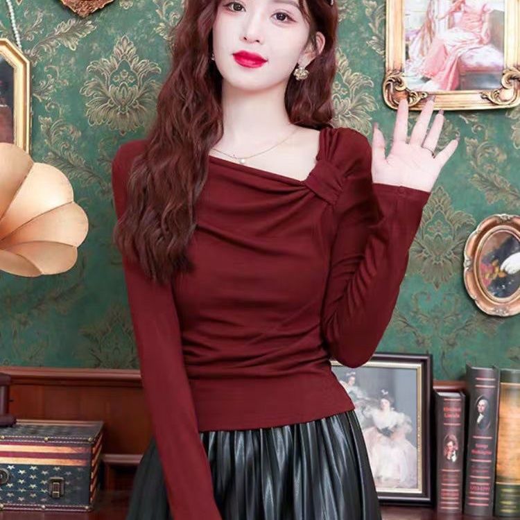 新款春季修身显瘦打底衫女长袖T恤安可拉红斜领气质洋气百搭