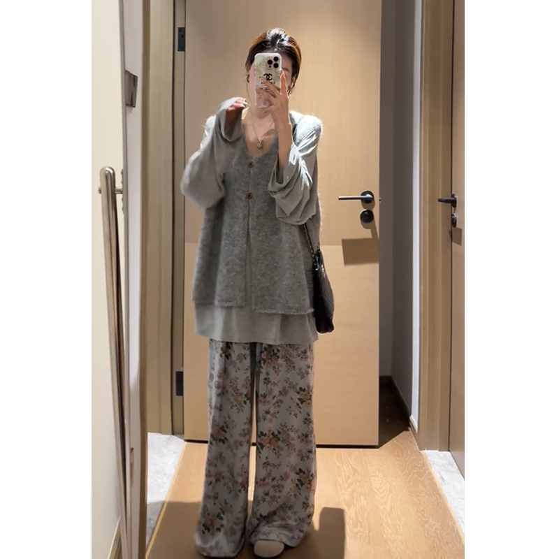 【现货】2025早秋新款慵懒风宽松灰色马甲叠穿打底衫阔腿裤三件套女