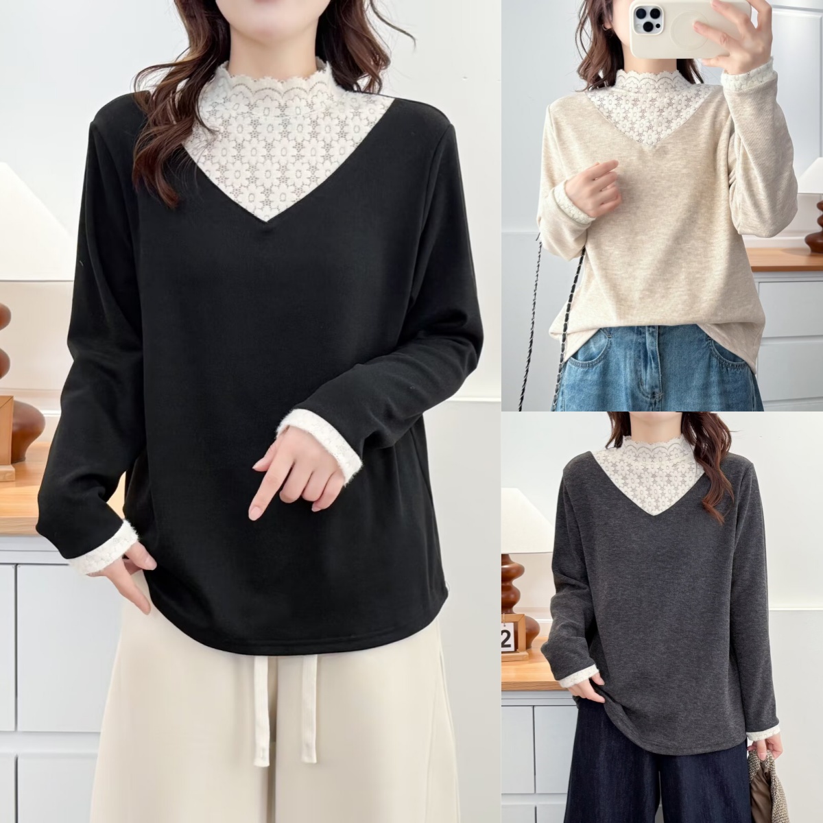 100-200斤大码女装秋冬假两件半高领蕾丝加绒加厚显瘦打底衫6057