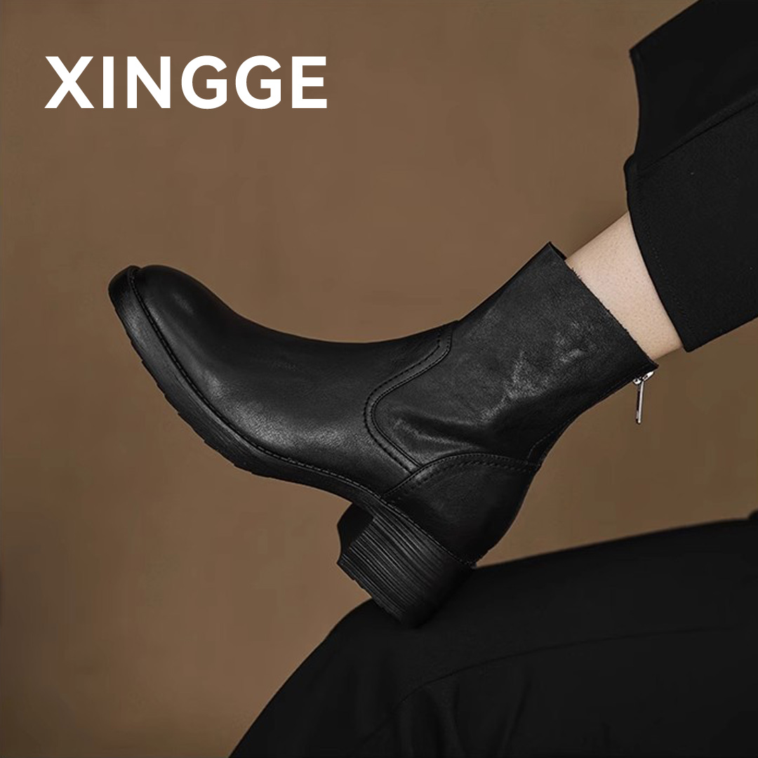 XINGGE/幸格粗跟短靴子女2025新款复古英伦风圆头后百搭小短靴