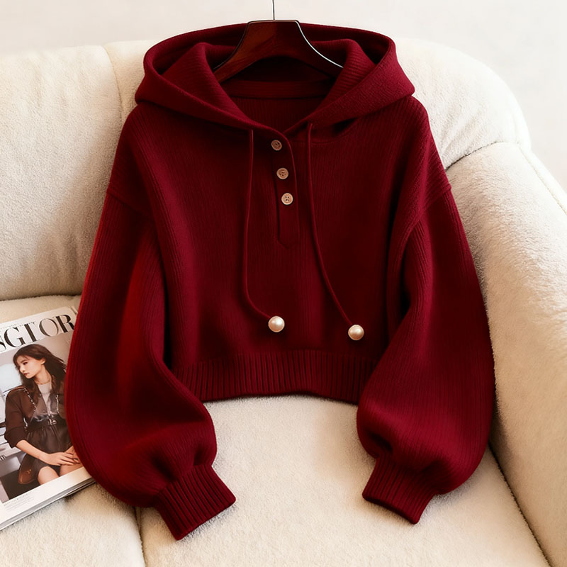 独特别致红色连帽抽绳纯色卫衣秋季韩系慵懒风时尚洋气舒适打底衫