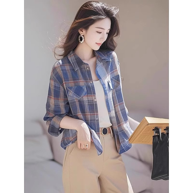 2025春秋季新款外套韩版复古格子减龄polo领长袖衬衫宽松时尚上衣