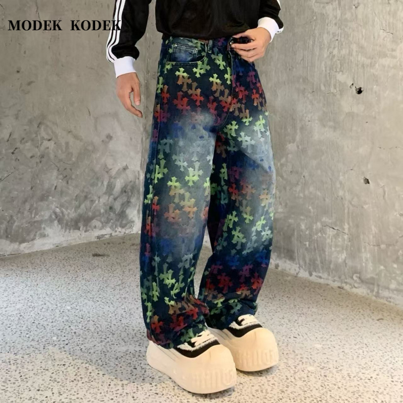 MODEK KODEK时尚潮牌男美式贴皮牛仔裤秋季新款宽松直筒水洗长裤