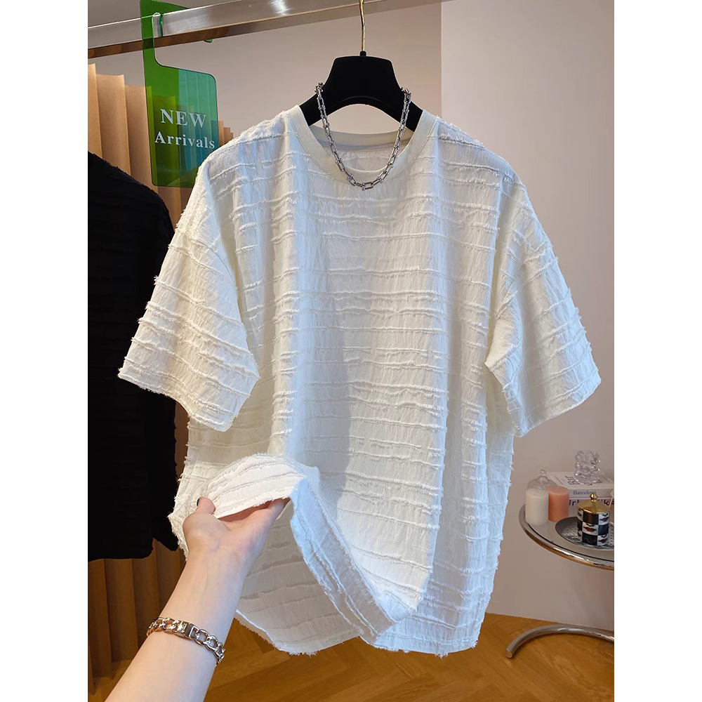 胖妹妹240斤大码超好看独特肌理感短袖T恤女夏季宽松休闲上衣小衫