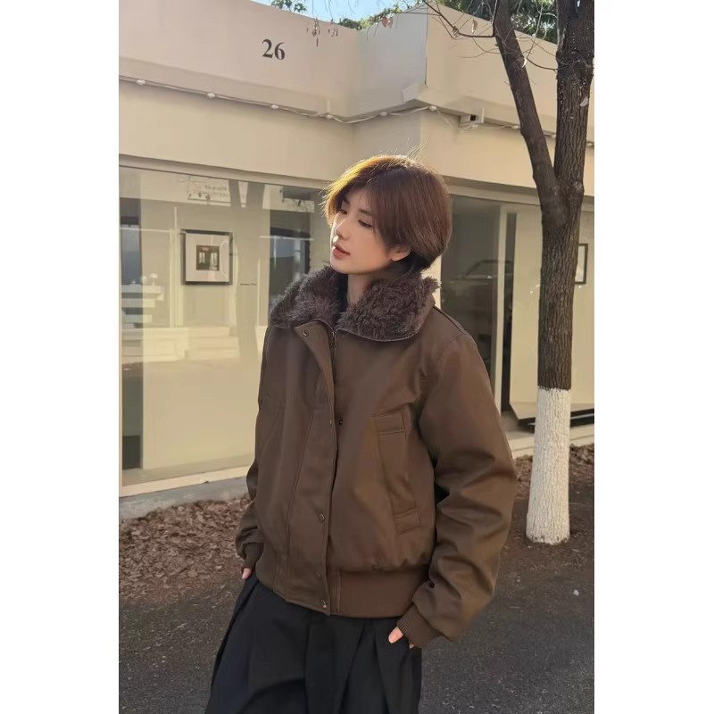 棕色巴恩风毛领夹克棉衣男冬季加厚保暖短款棉服美拉德座山雕外套