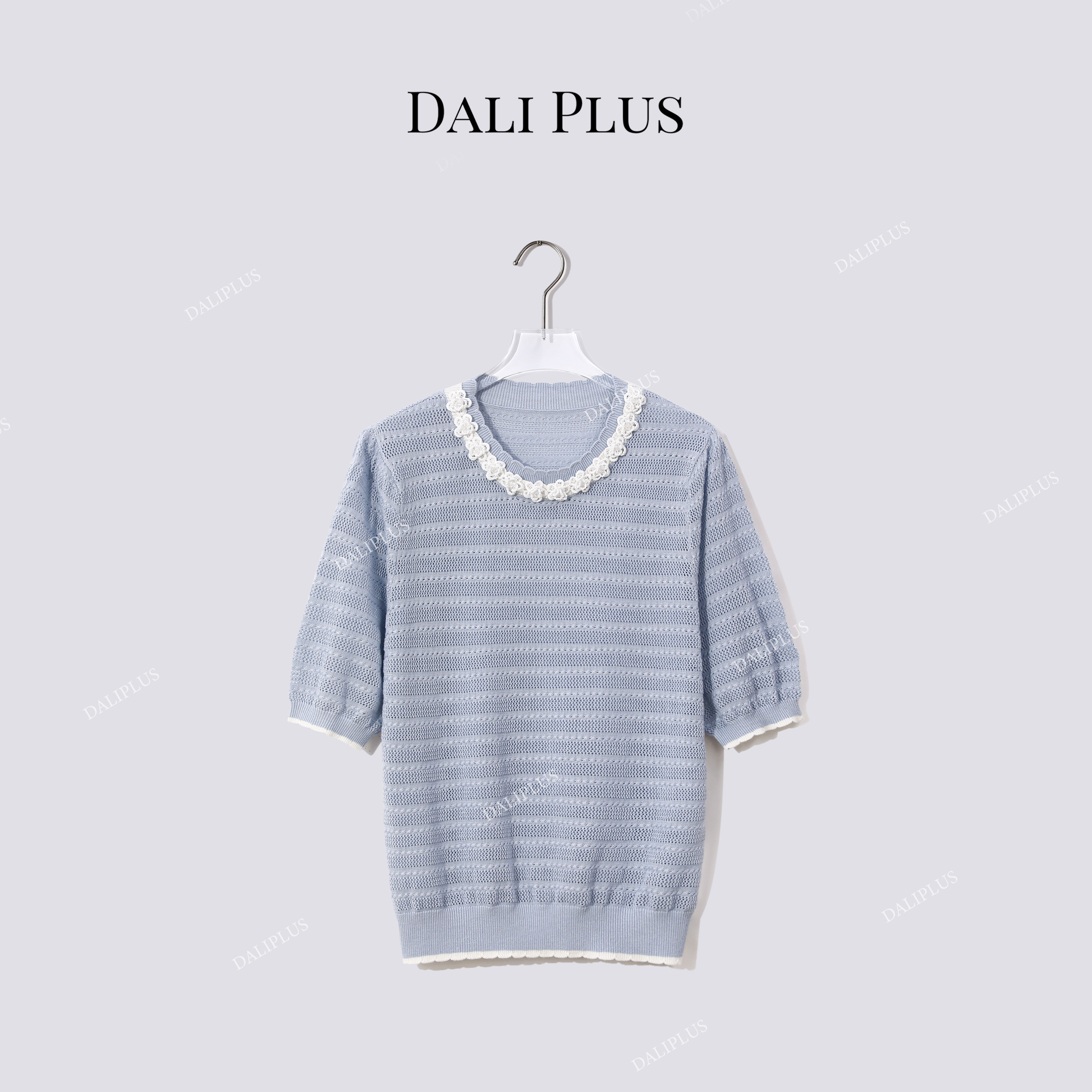 DALI PLUS“精工系列”手缝珍珠花边圆领绵羊毛短袖针织-D5CK2163