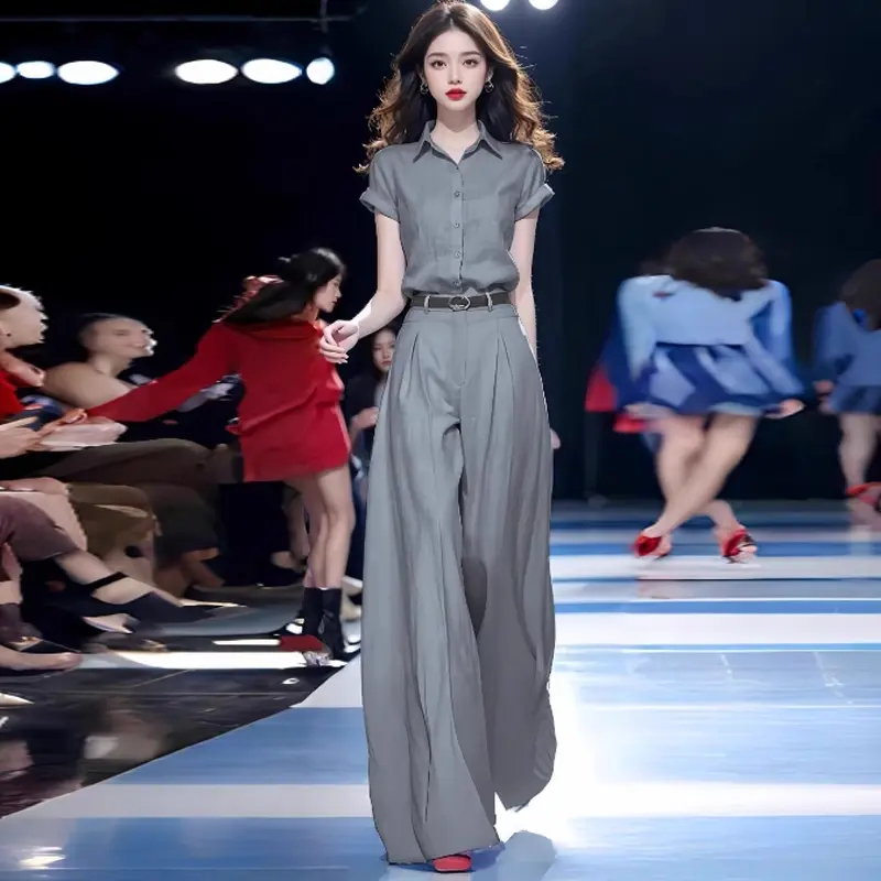 拉夏贝尔时尚气质套装女2025夏新款洋气短袖衬衫高腰阔腿裤两件套