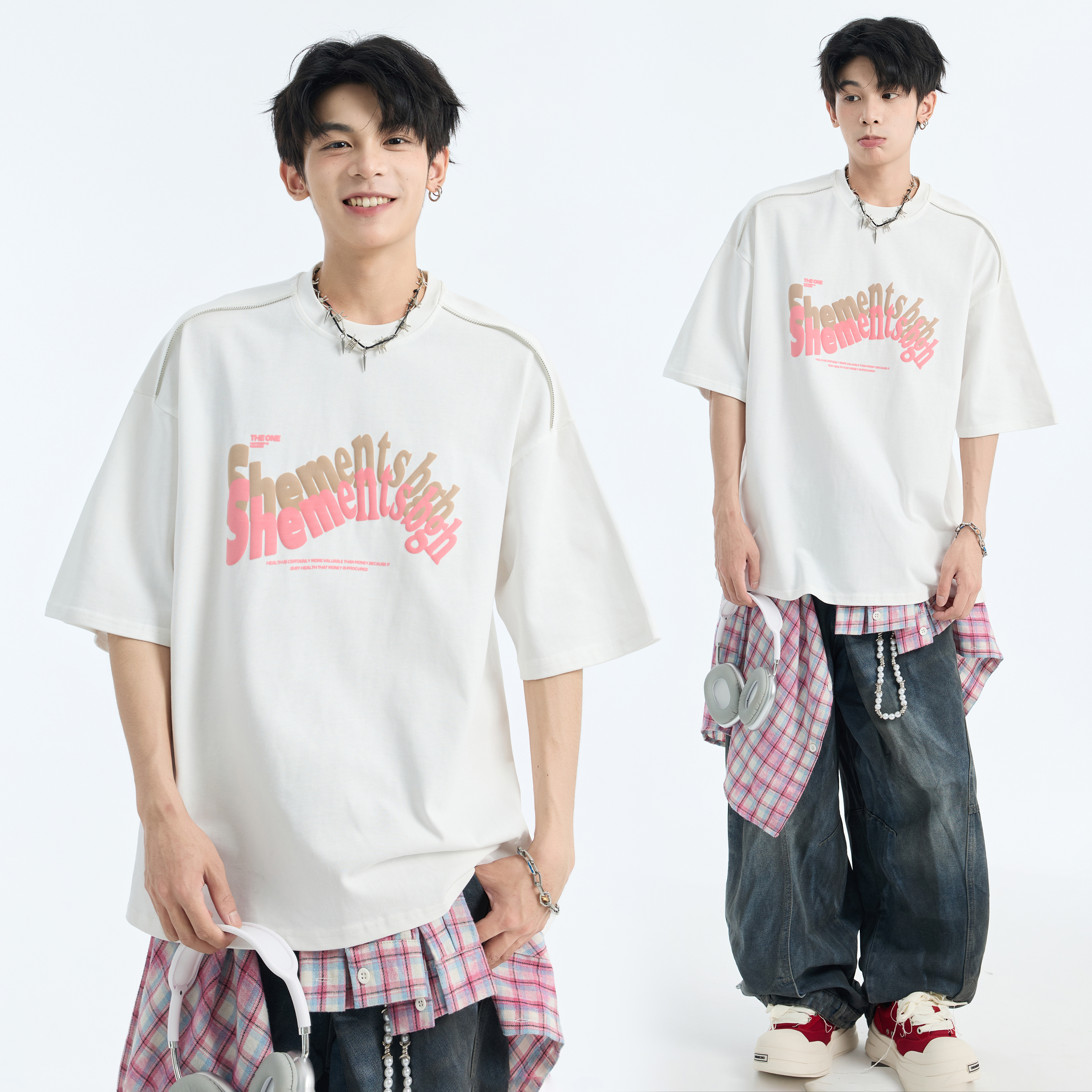 夏季重磅320g短袖T恤男潮牌发泡印花五分袖上衣潮流百搭半袖体恤