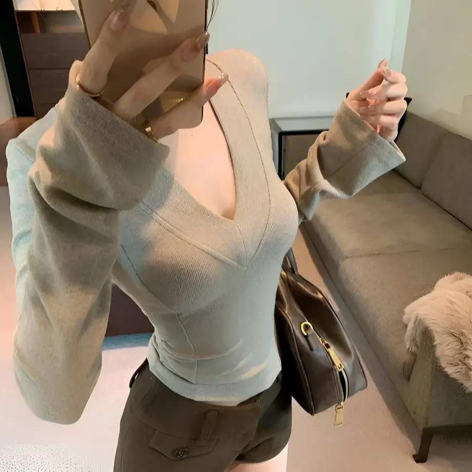 （慕斯双面绒）秋冬法式简约设计感显瘦长袖T恤女纯色打底衫内搭