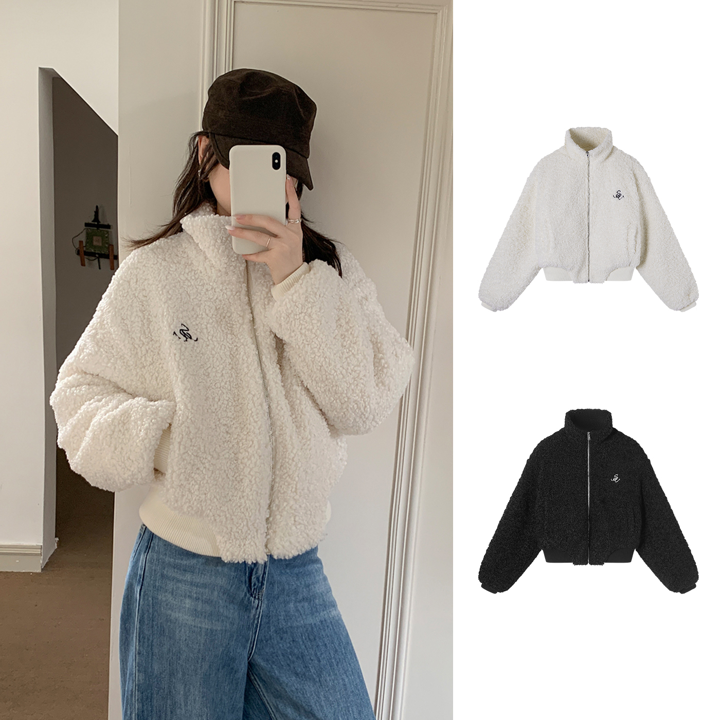 Miss sumey#1429自制摇粒绒韩系拉链外套女高领早秋加厚间棉上衣