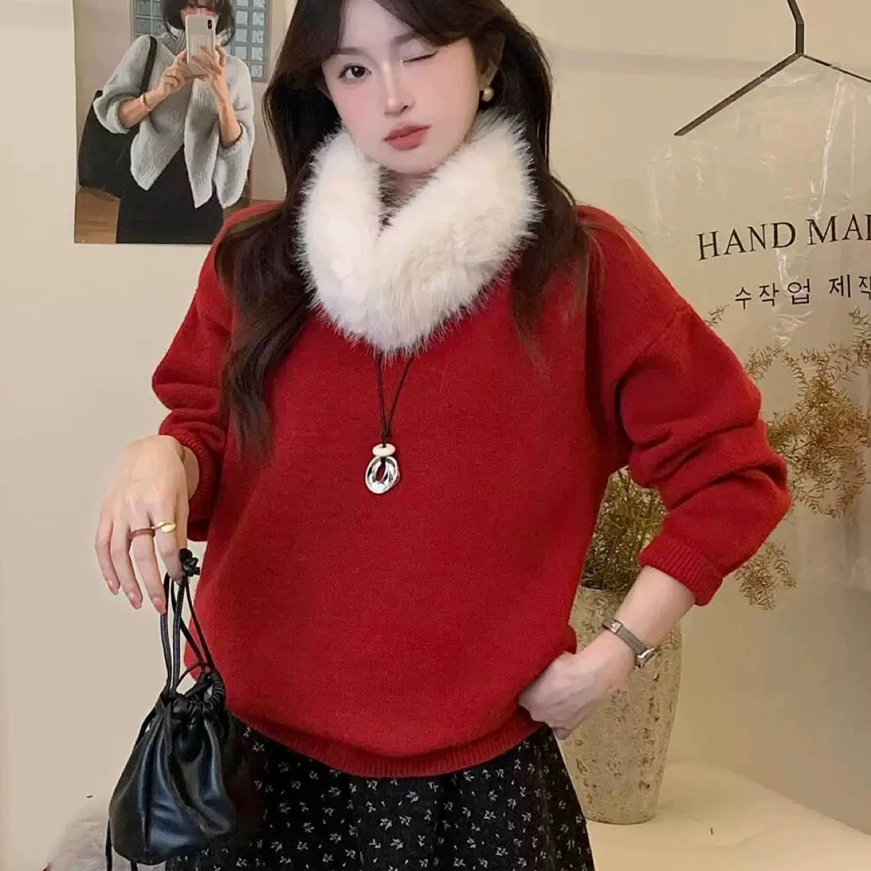 圣诞节穿搭新年红色可拆卸毛领套头打底毛衣女秋冬内搭针织衫上衣