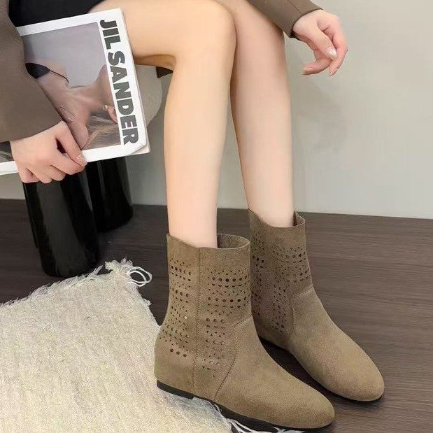 复古英伦风百搭弹力网靴女2025秋季新款潮流镂空透气平底洞洞凉靴