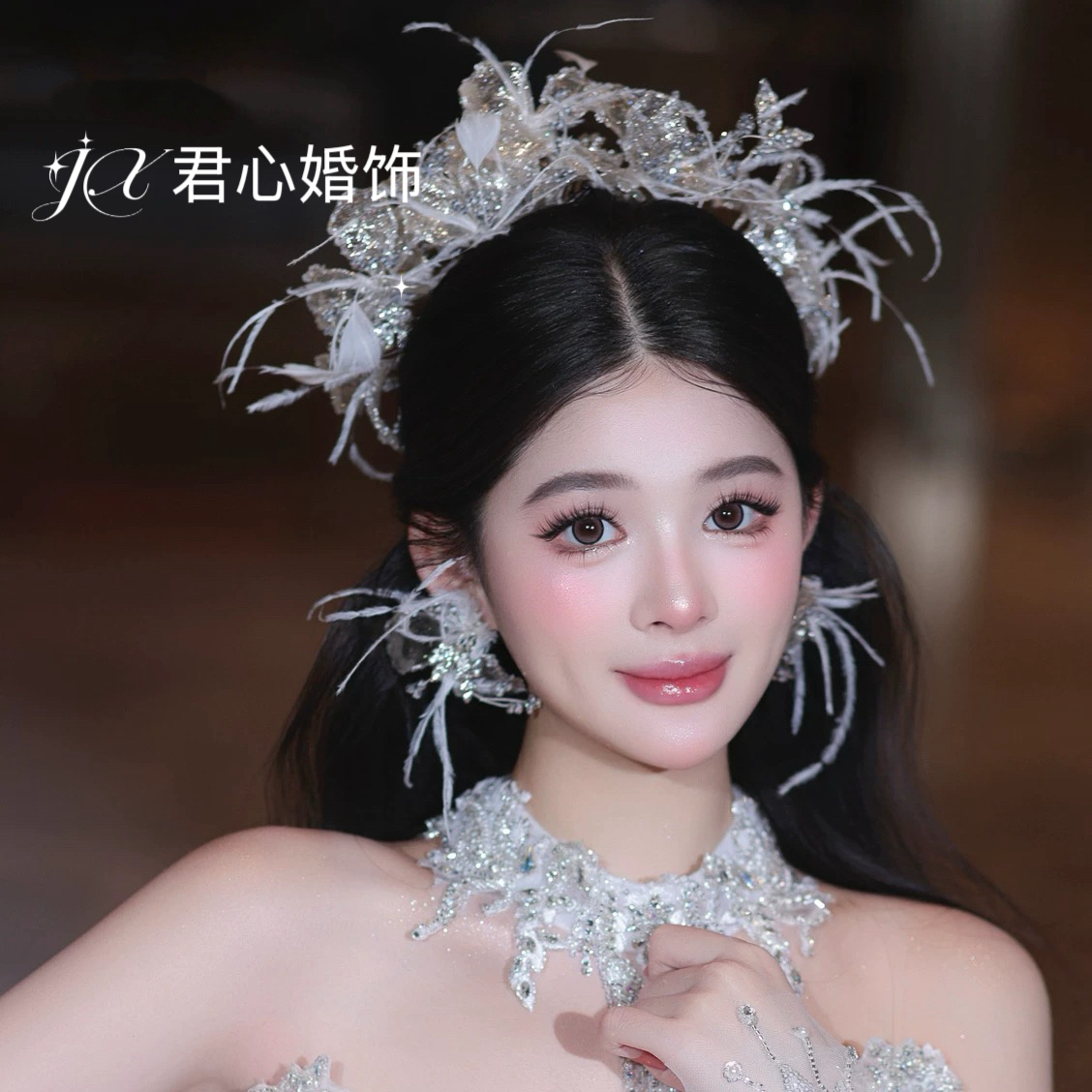 君心家 E3羽毛花瓣皇冠耳环套装韩式新娘氛围感主纱重工皇冠