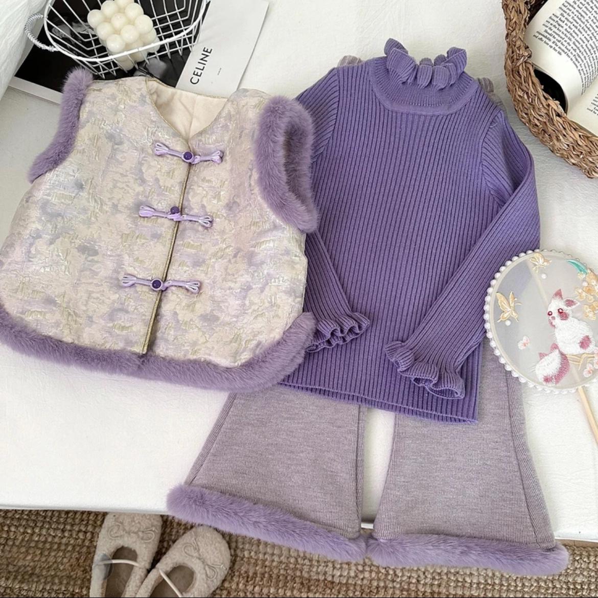 女童中国风套装秋冬新款儿童夹棉马甲长裤拜年服唐装旗袍新年套装