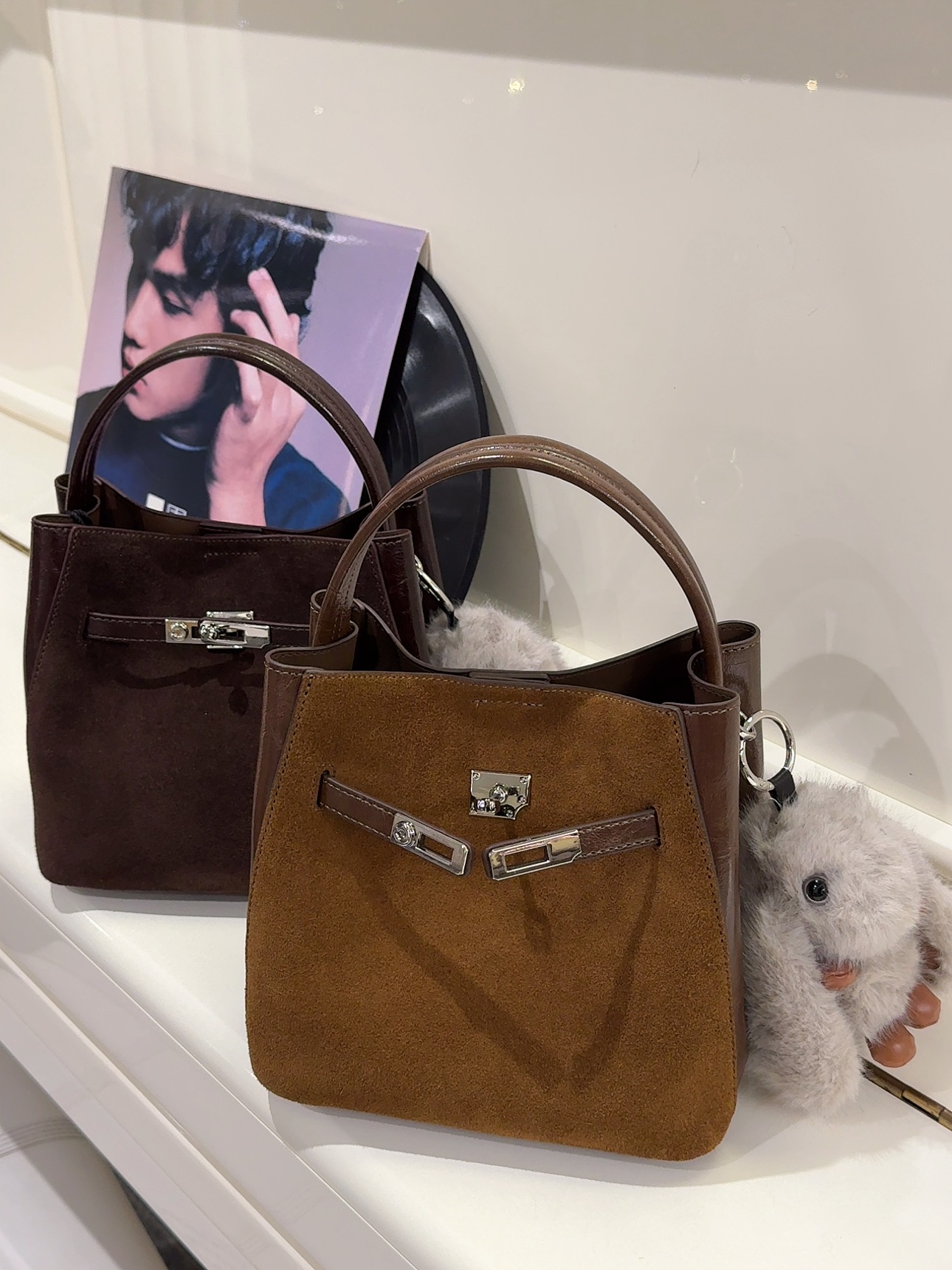 拼接真皮简约磨砂牛皮单肩包手提斜跨款真皮水桶包韩版轻奢风女包