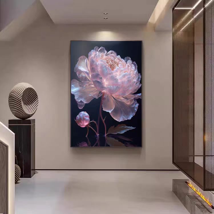 【粉色牡丹花】简约餐厅玄关画正对入户门客厅挂画沙发背景墙