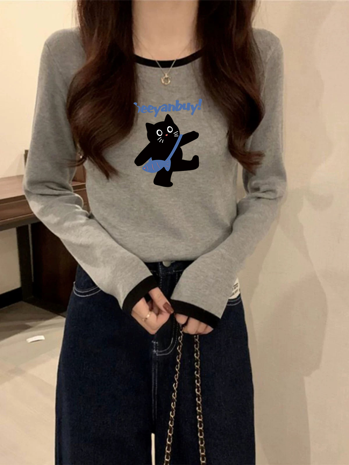 新款外穿百搭内搭显瘦春秋韩版正肩圆领撞色长袖t恤女打底衫上衣
