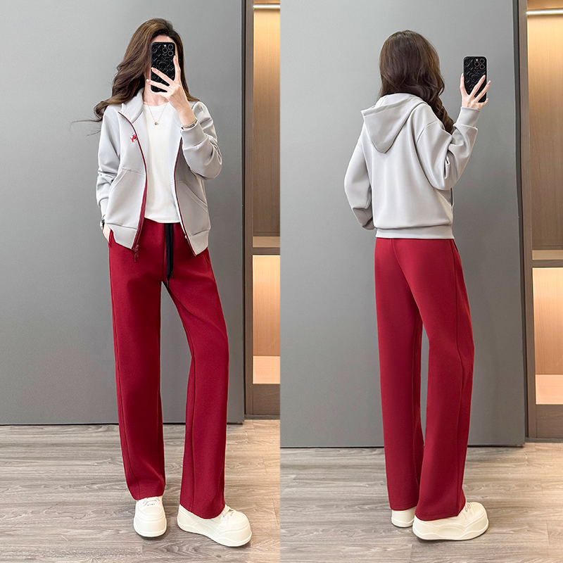 洋气时尚秋冬套装宽松撞色减龄开衫卫衣外套阔腿裤两件套潮流穿搭