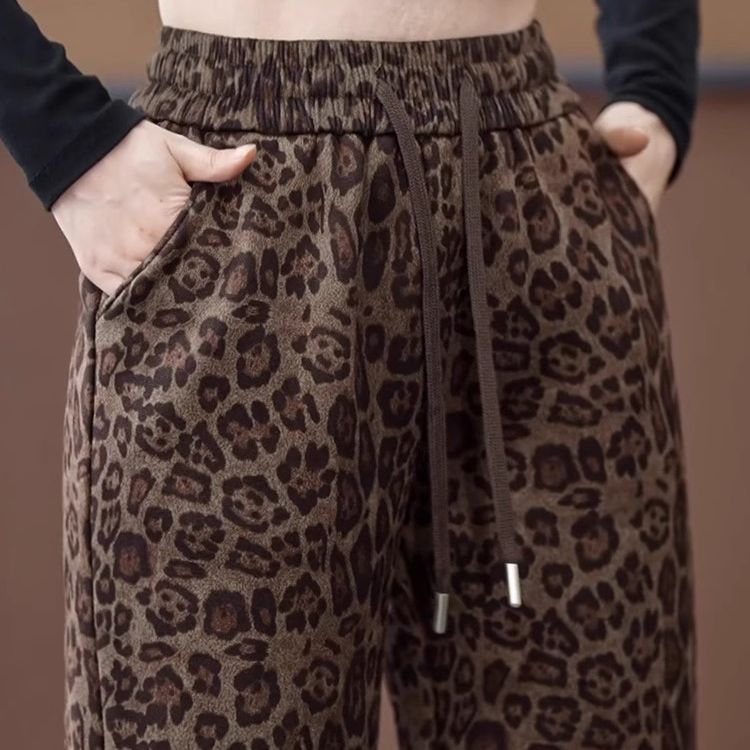 2025新款豹纹休闲卫裤阔腿女裤秋冬款加绒加厚抽绳松紧腰直筒裤子