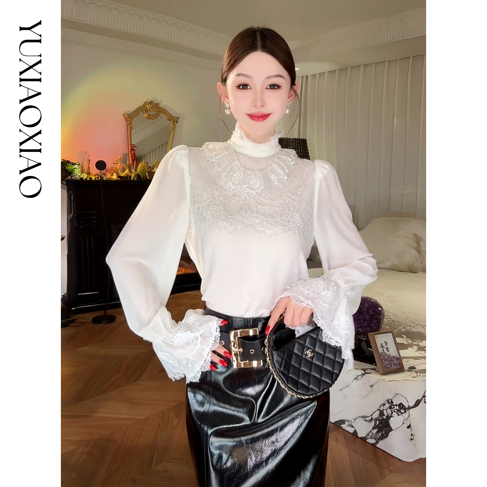 余潇潇【费罗里达花径】简约拼接镂空蕾丝花纹牙签褶工艺立领上衣