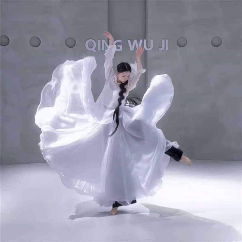 九万字古典舞舞蹈大摆裙中国风双层白色720度飘逸影楼写真半身裙