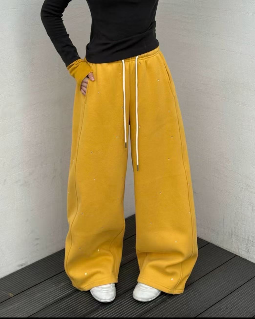 （三姗原创设计款）舒适休闲潮流宽松百搭抽绳加绒纯色高腰阔腿长裤