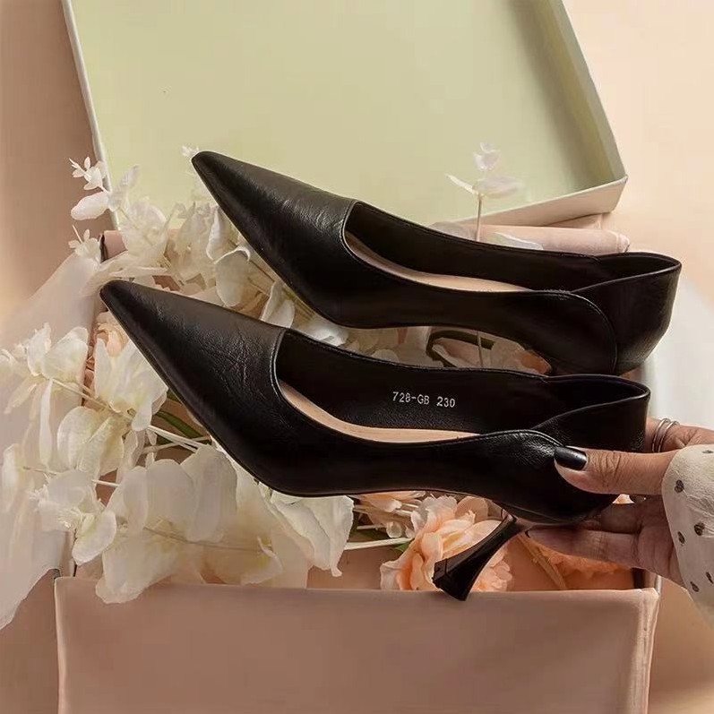 软皮高跟鞋2025春季新款黑色职业女单鞋大小码女工作上班女鞋