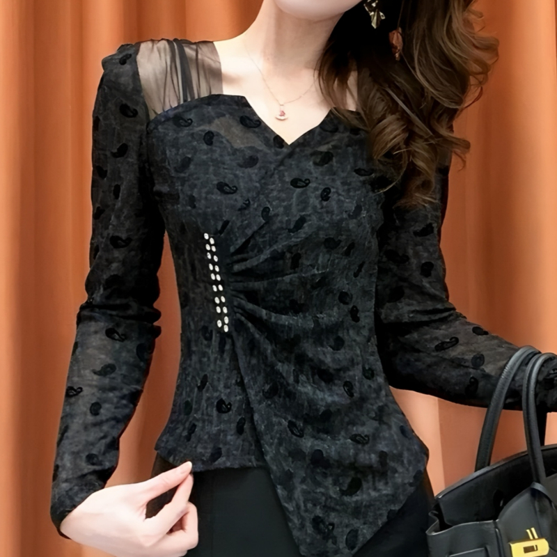 拼接网纱肩不规则打底衫女士2025春秋季新款收腰遮肉显瘦气质T恤