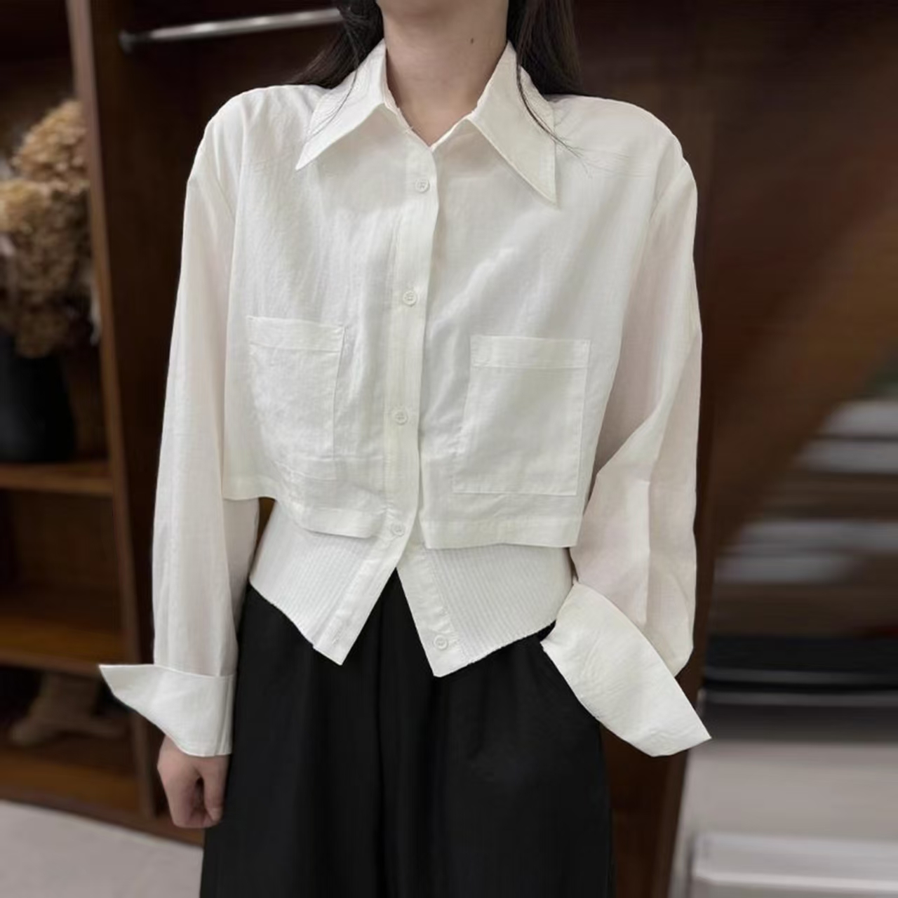 【全额运补】拼接假两件polo领衬衫早秋新款防晒口袋设计单排多扣