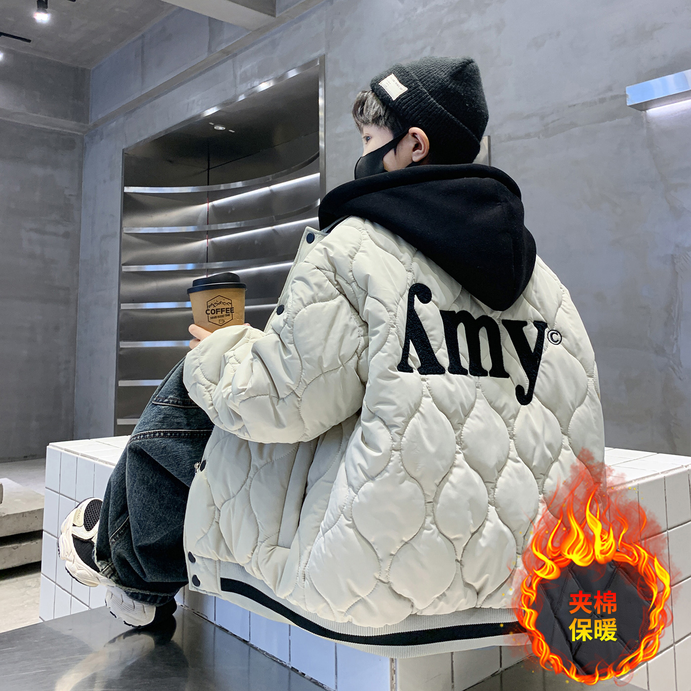 男童加棉加厚棒球服假两件外套秋冬季短款中大童帅气儿童上衣男孩