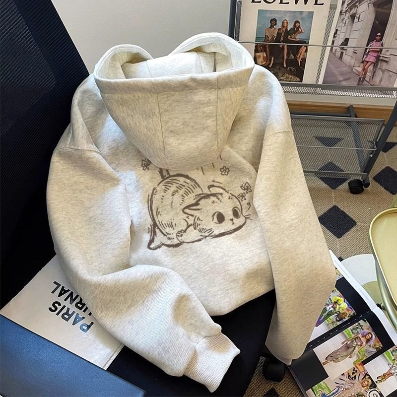 印花戳中我的审美~白灰色连帽卫衣女秋冬季新款宽松显瘦加绒加厚