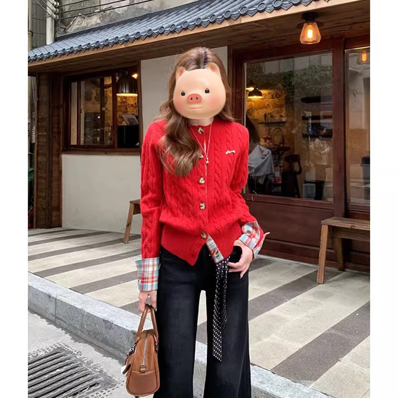 本命年新年过年战袍红色拼接毛衣开衫女秋冬季加厚慵懒风针织外套