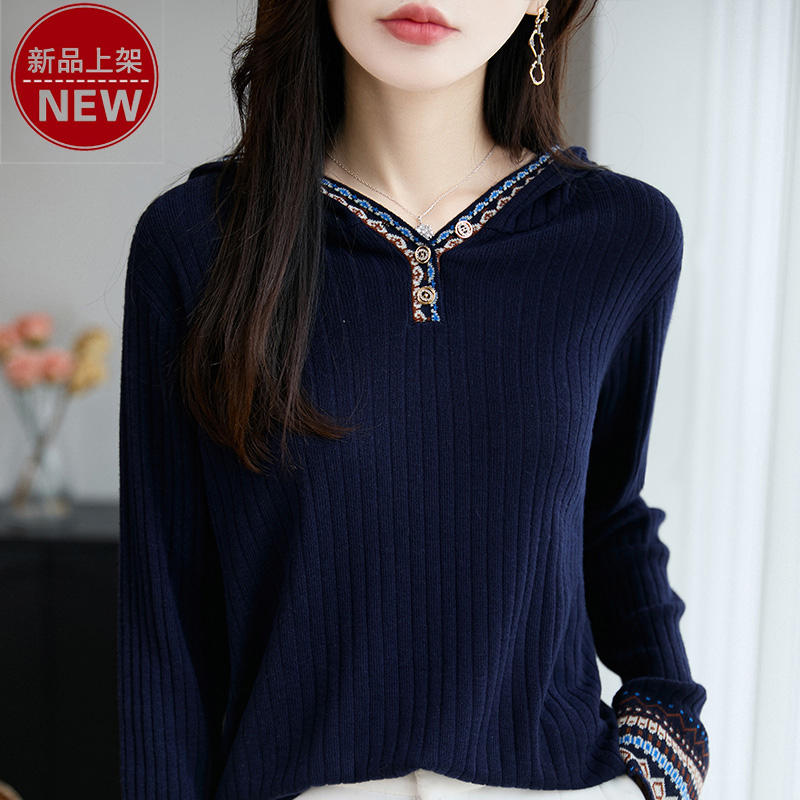 哥弟阿玛施正品重工民族风提花长袖连帽抽条微宽松休闲显瘦针织衫