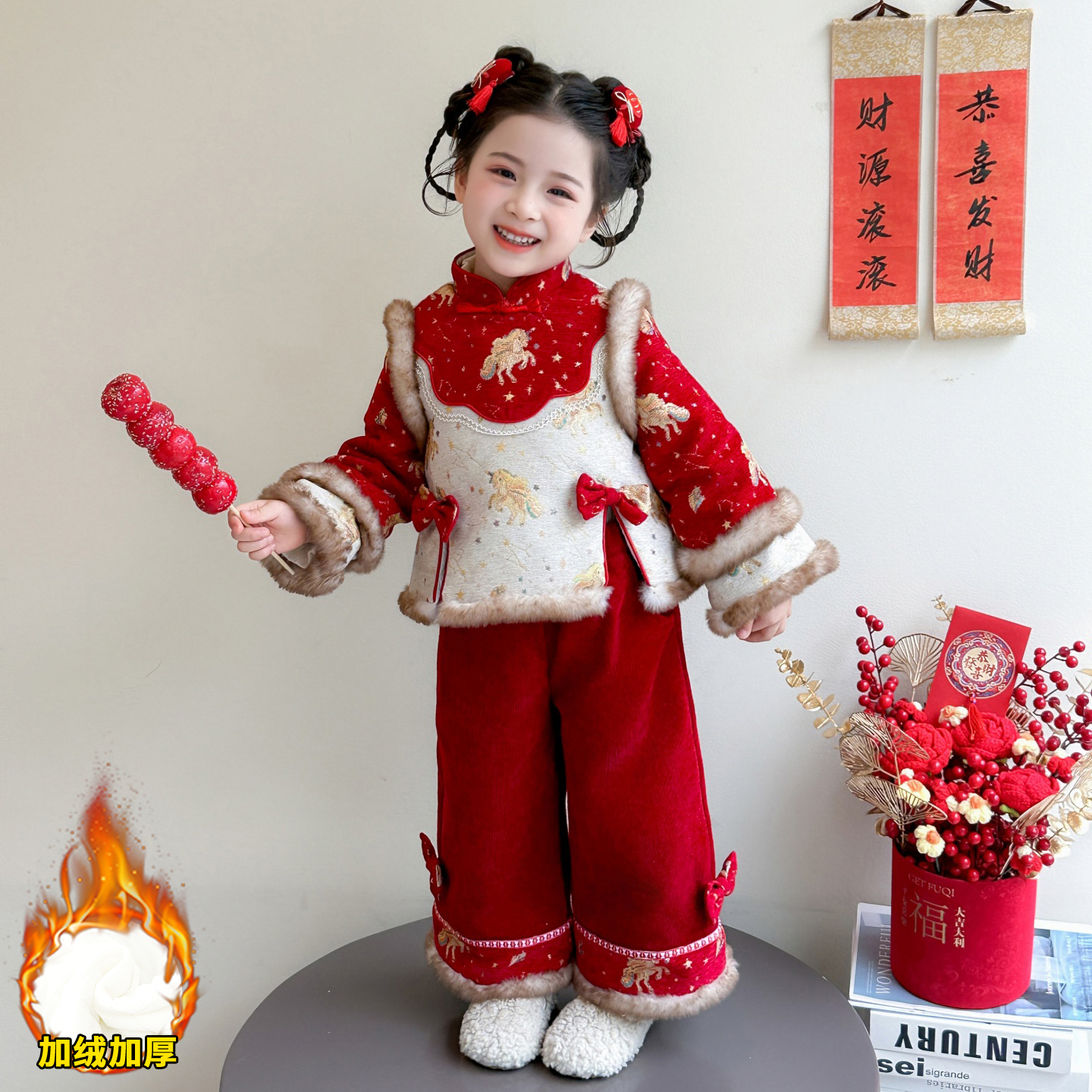 女童拜年服秋冬汉服儿童唐装红色汉服女宝宝加绒元旦新中式演出服