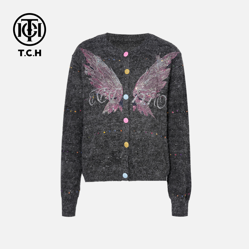 TCH私服秋冬烫钻时尚休闲百搭翅膀针织开衫女T75C43E1019轻奢tch