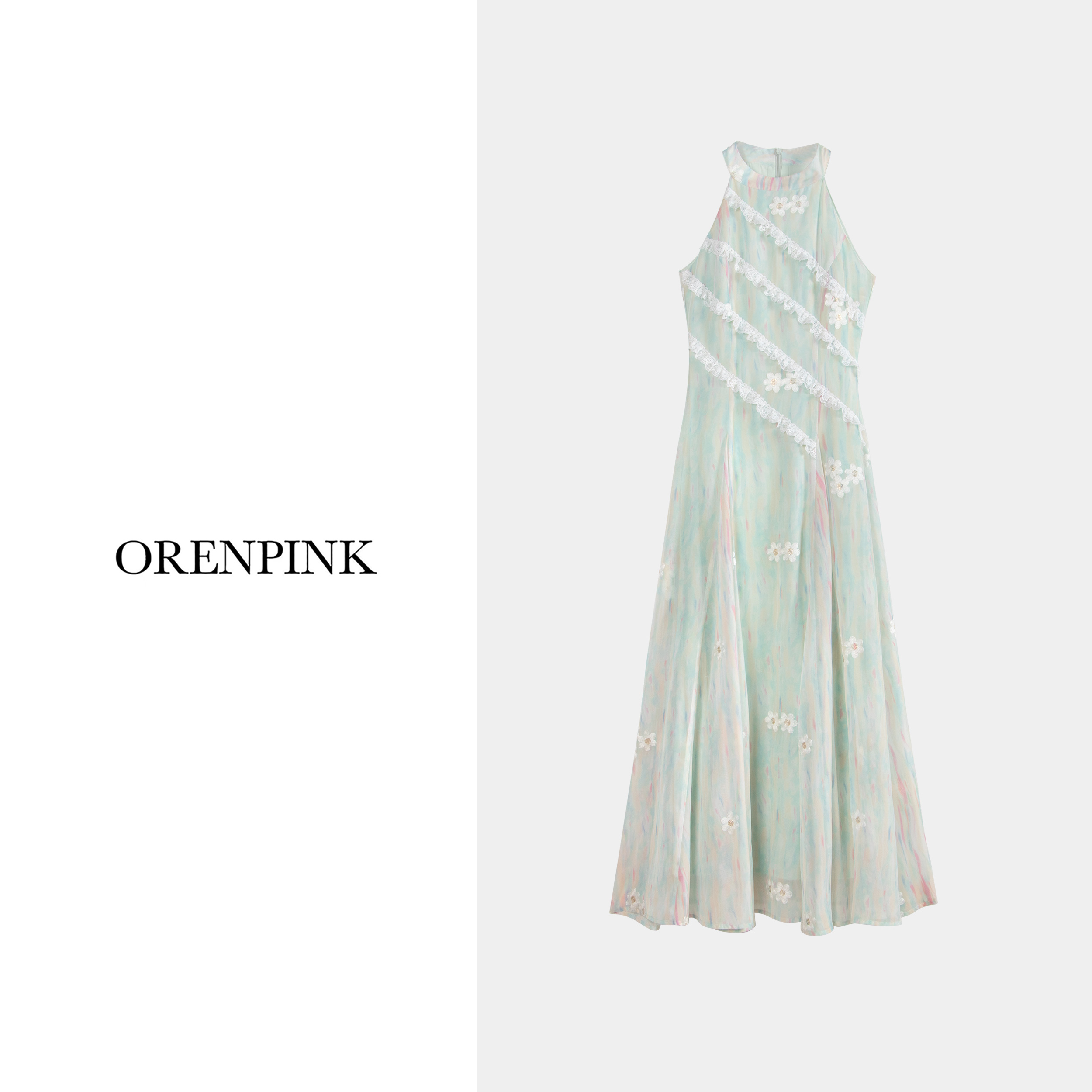 OREN PINK/奥粉25年新款浪漫风挂脖露肩设计感女装连衣裙