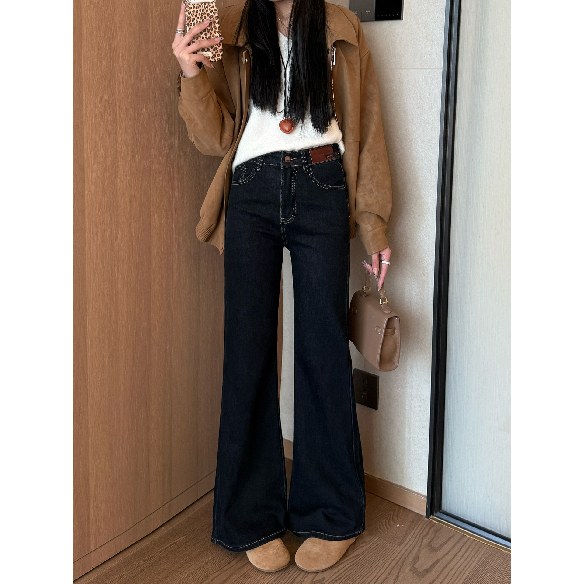 代一陌女装辣妹喇叭牛仔裤女冬季厚款磨毛休闲简约高腰弹力微辣裤